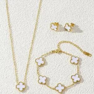 Premium White Clover Jewellery Set | Gold Plated Stainless Steel – Anti-Tarnish