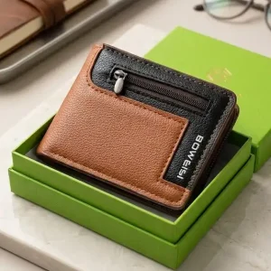 BOWEISI Brown & Black Zippered Leather Wallet – Stylish Men's Wallet