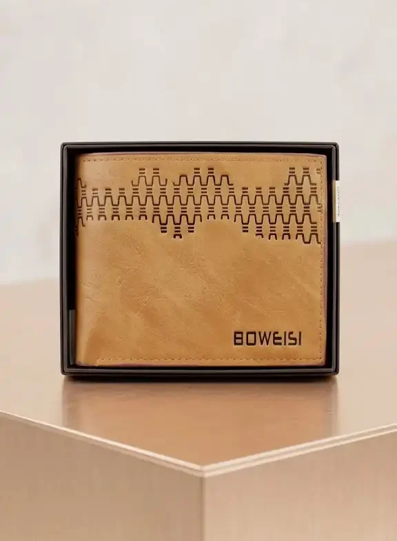 BOWEISI Men's Tan Patterned Leather Wallet – Slim Bifold Wallet for Men