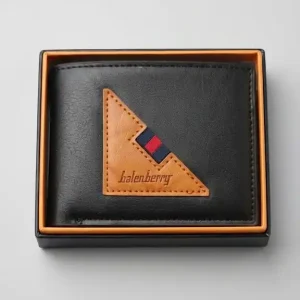 Balenberry Men's Bifold Black Leather Wallet – Triangle Stitch Accent