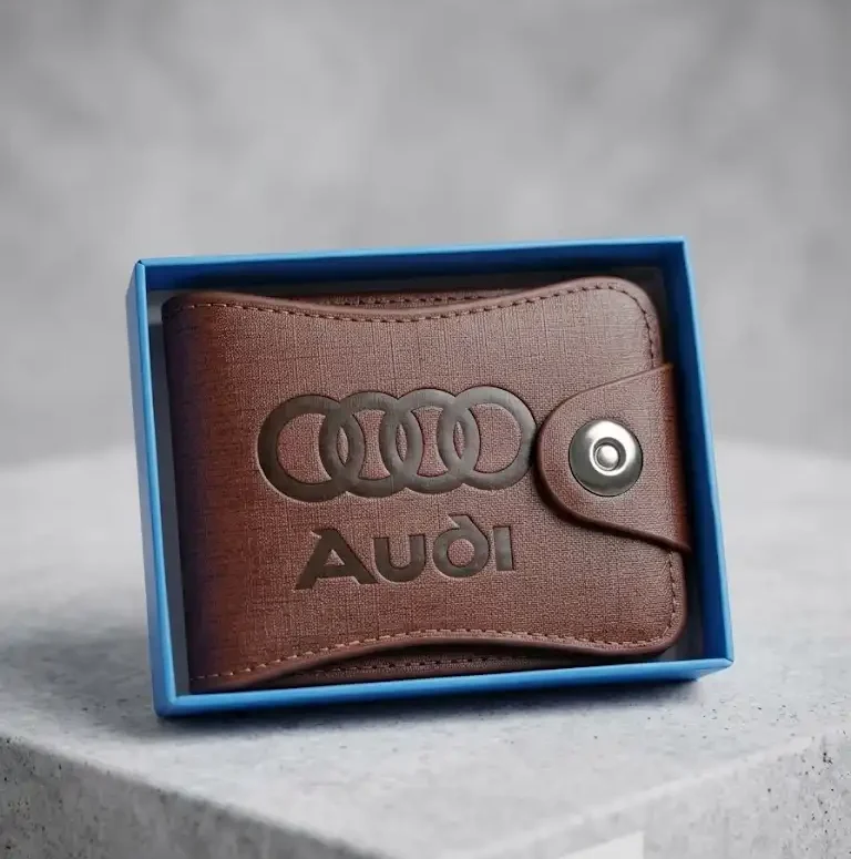 Audi Embossed Brown Leather Wallet for Men with Snap Button Closure