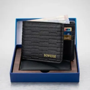 BOWEISI Men's Patterned Black Leather Bifold Wallet – Stylish & Compact