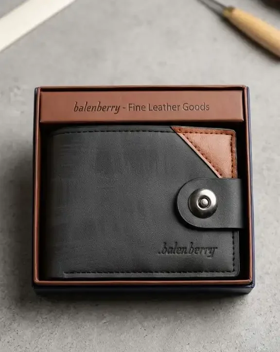 Balanberry Men's Black Grain Bifold Wallet with Brown Corner Inlay