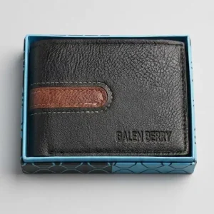 Balen Berry Men's Black Grain Leather Bifold Wallet with Brown Inlay