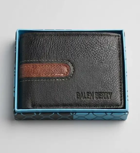 Balen Berry Men's Black Grain Leather Bifold Wallet with Brown Inlay
