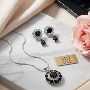 Elegant Black Gemstone Halo Pendant & Earrings Set