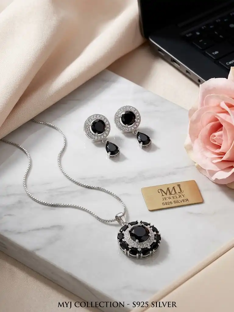 Elegant Black Gemstone Halo Pendant & Earrings Set