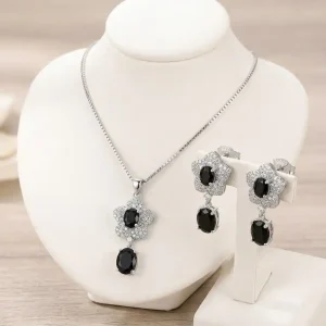 Elegant Black Gemstone & Silver Floral Pendant Set