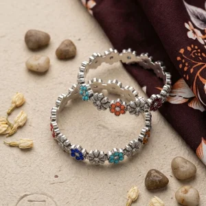 Oxidized Silver Floral Bangles with Multi-Color Stone Accents