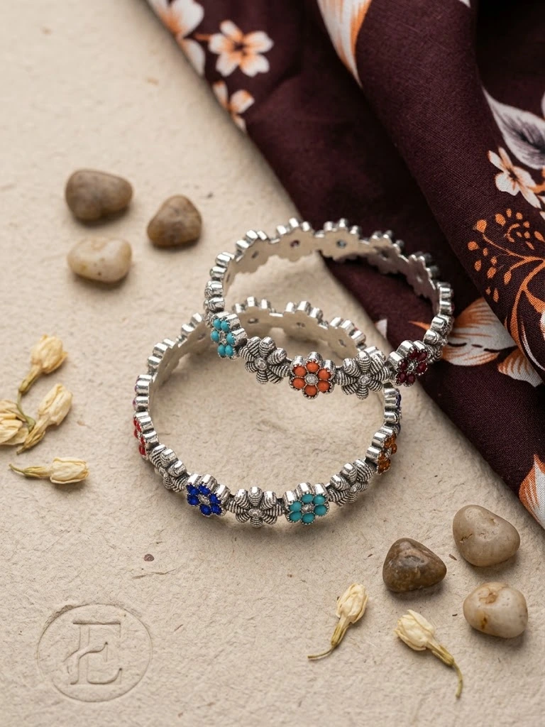 Oxidized Silver Floral Bangles with Multi-Color Stone Accents
