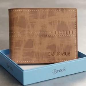 SAKURAYUE Brown Faux Leather Bifold Wallet with Linen Texture – Stylish Men's Wallet