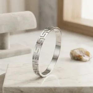 Silver Greek Key Motif Cuff Bracelet Stainless Steel