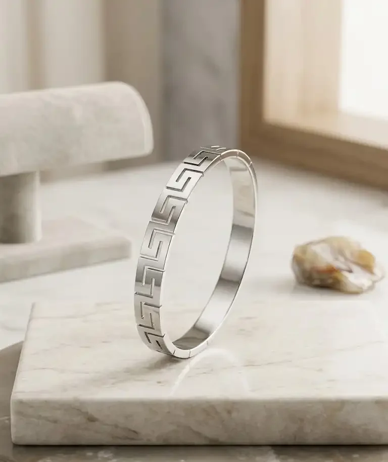 Silver Greek Key Motif Cuff Bracelet Stainless Steel