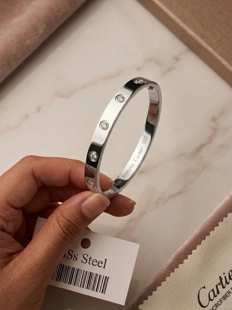 Silver Stainless Steel Gem-Accented Hinge Bracelet
