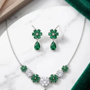 Sterling Silver Emerald Floral Set