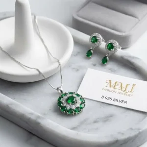 Sterling Silver Emerald Green Halo Jewelry Set