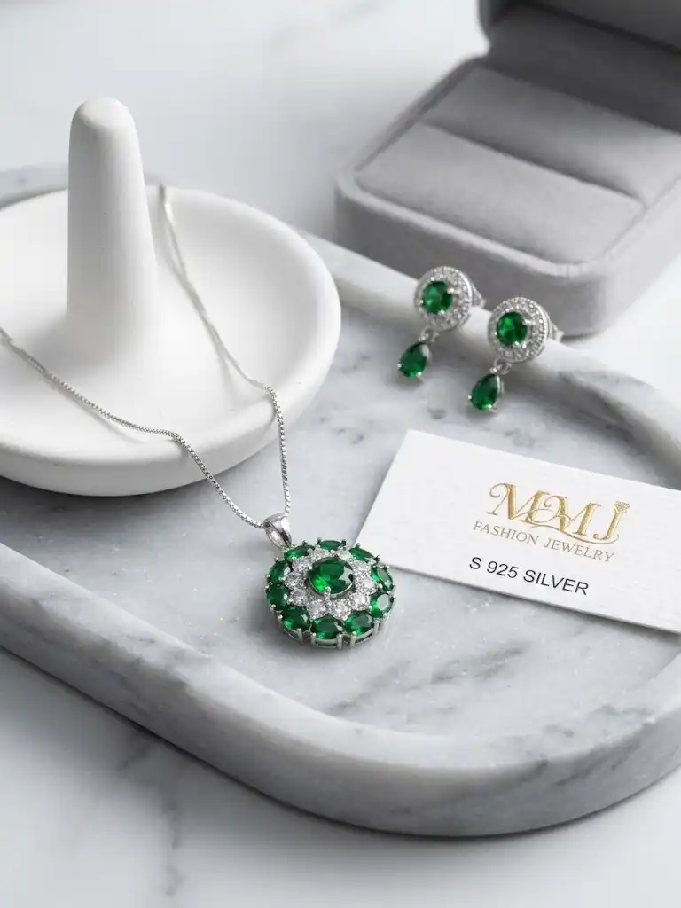 Sterling Silver Emerald Green Halo Jewelry Set