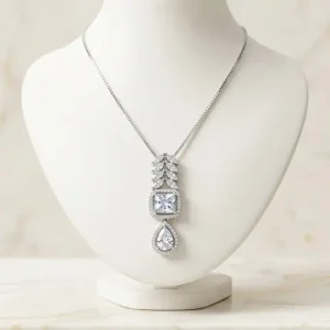 Sterling Silver Geometric Cubic Zirconia Drop Pendant Necklace