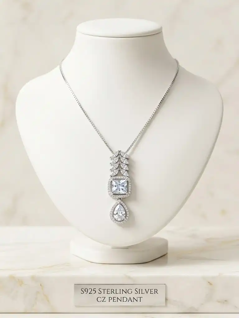 Sterling Silver Geometric Cubic Zirconia Drop Pendant Necklace
